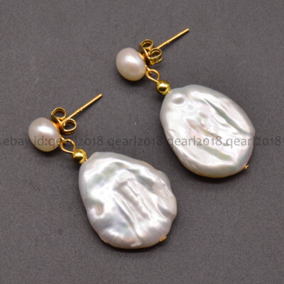 17-22mm Natural South Sea Flat Baroque White Pearl Double Beads Dangle Earrings