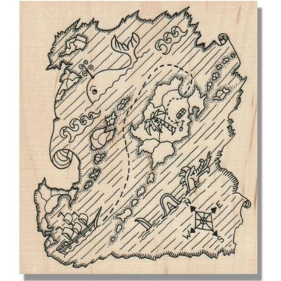 Mounted Rubber Stamp, PIRATE TREASURE MAP, Boat, Whale, Ocean,Palm Tree, Compass