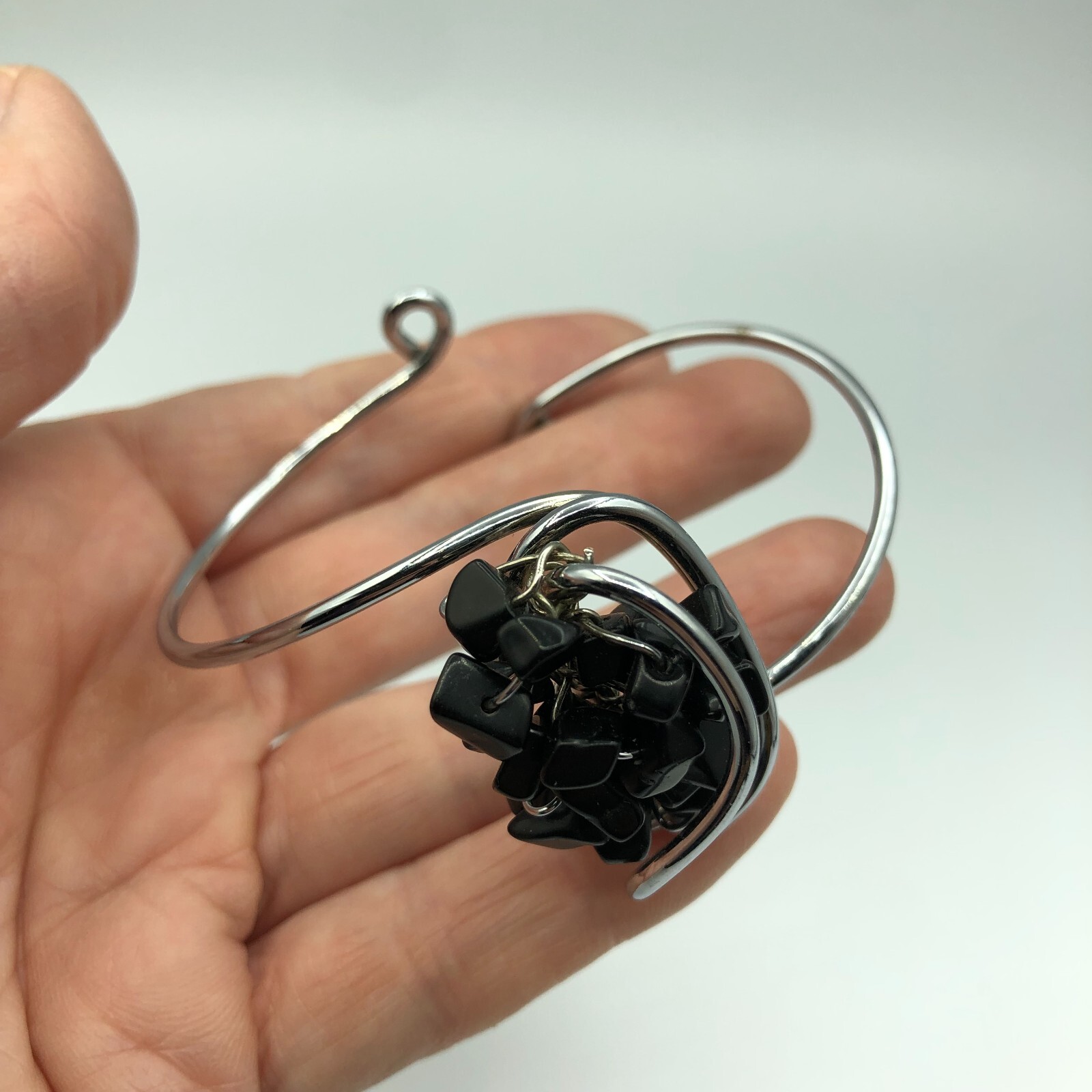 Statement Bangle Silver Tone & Black Stone Y2K Ch… - image 12