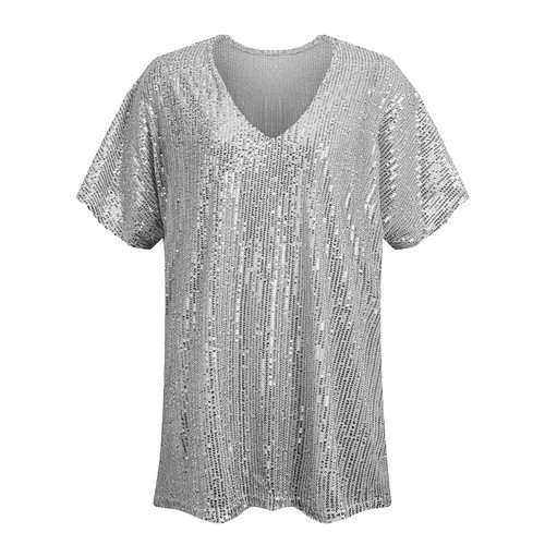 Women Sequin V-Neck Tunic Tops Glitter Shiny Short Sleeve Party T-Shirt Blouse - Picture 21 of 26