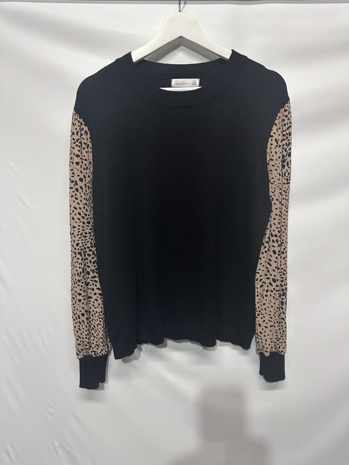 89th & Madison Sweater Top Black & Tan Crew Neck Long Sleeve Pullover L