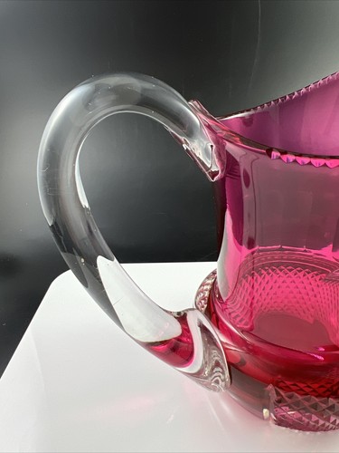 Vintage Cranberry Red Diamond Panel Blown & Cut Glass Pitcher - Picture 2 of 11