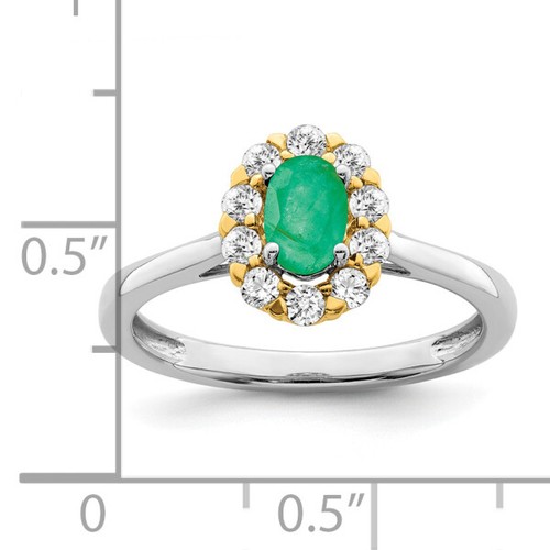 14K Two Tone Gold Green Emerald Diamond Halo Round Ring Gemstone Band May ... - 第 8/100 張圖片