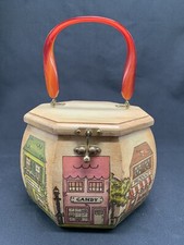 Vintage Lined Octagon Decoupage Wood Box Purse Handbag Lucite Twisted Handle