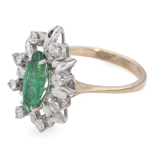 Vintage 18k Yellow Gold Marquise Emerald Diamond Ring - Picture 4 of 7