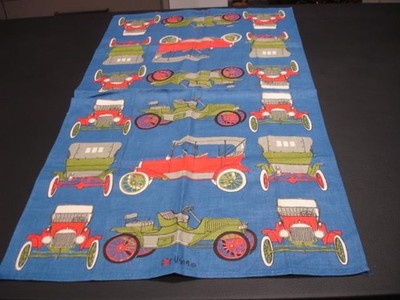 Vera Neumann Vtg Tea Kitchen Towel Irish Linen Cars Model T Blue 29'' X 16''
