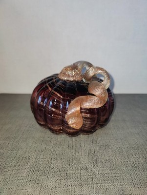 Art Glass Pumpkin Brown & Gold Swirl Stem Fall & Thanksgiving Décor