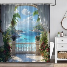 ZQANZQ Mediterranean Tropical Beach Shower Curtain Coastal Seascape Palm Tree...