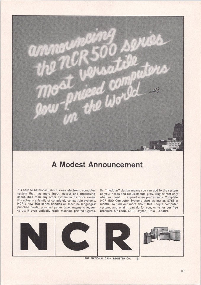 A 1960s NCR computer ad featuring a biplane — surreal, visually striking, and a perfect conversation piece about how far tech has come.
