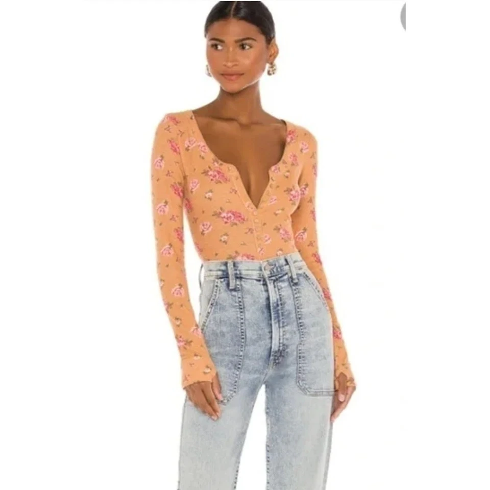 Free People Bodysuit Womens Small Orange Floral Dylan Thermal Long Sleeve Henley - Image 3 of 4