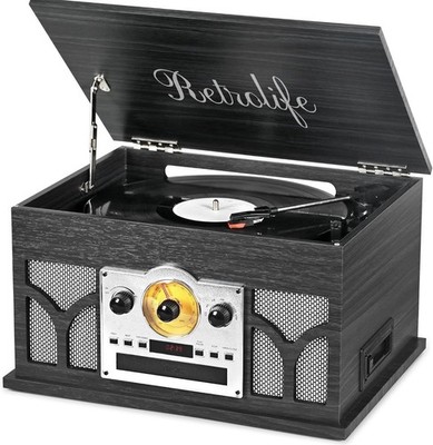 Record Player 10-in-1 Wireless CD Cassette USB Radio Turntable Black