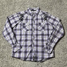 Wrangler 47 Rock Western Pearl Snasp Shirt Mens Large Purple Plaid Long Sleeve