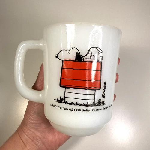 Vintage 1958 Mug Snoopy “I Think I'm Allergic To Morning!” Fire King Milk Glass