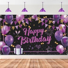 Purple Happy Birthday Banner - Black Gold Party Decorations Large Sign Shiny ...
