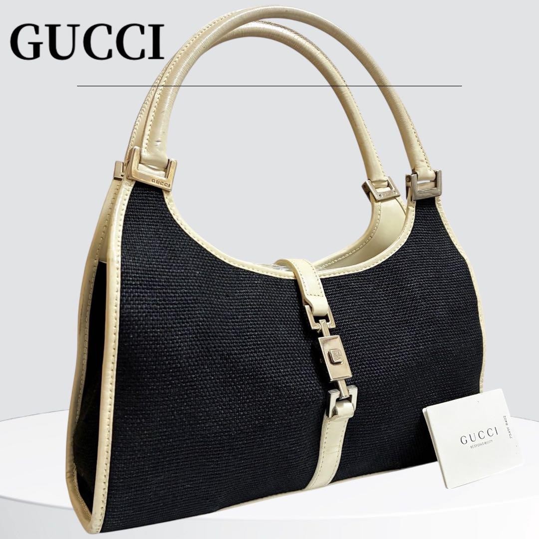 GUCCI Hand Bag Tote Purse Canvas Leather Black White Authentic