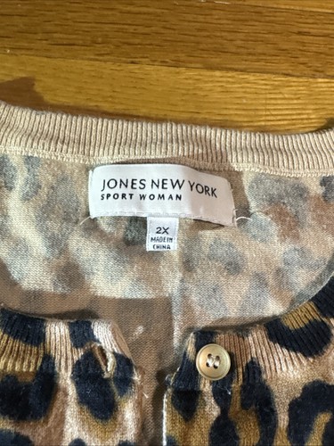Jones New York Womens Leopard Sz 2X Cotton/Poly Knit Sweater Cardigan Round Neck - Picture 2 of 6