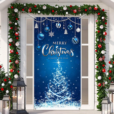 Christmas Door Cover Xmas Door Banner Backdrop 70.9x35.4",Blue
