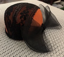 Vintage Orange Straw Fascinator/Toy Woman s Hat- Black Lace And Side Bow