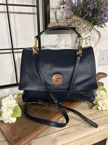 Coccinelle Navy Pebbled Satchel Top Handle Turn Lock Detachable Strap Gold