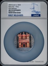 2025 Cook Islands $25 5oz Silver - Rose City - Petra - Colorized NGC MS70 FR