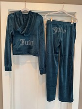 JUICY COUTURE Velour OG Bling Tracksuit Hoodie Pant Set Color Sea XLarge XL NEW