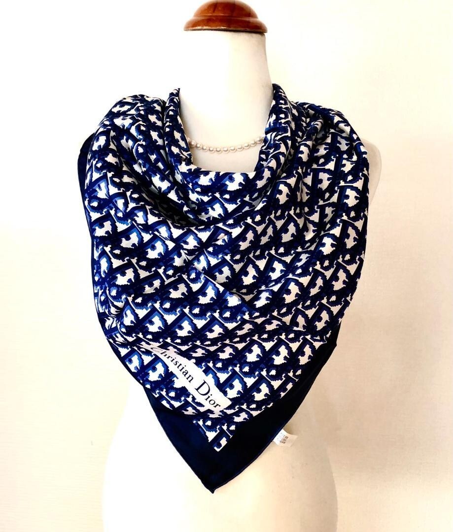 Christian Dior Scarf Trotter Pattern Navy x White 76 x 76cm Silk