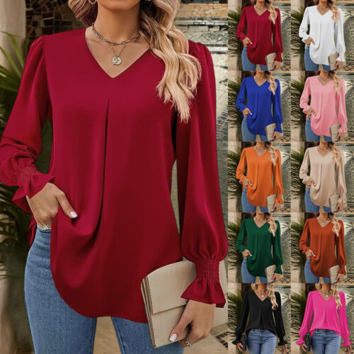 Women V Neck Long Tops Tee Shirts Blouse Long Sleeve Casual Loose Chiffon Shirts
