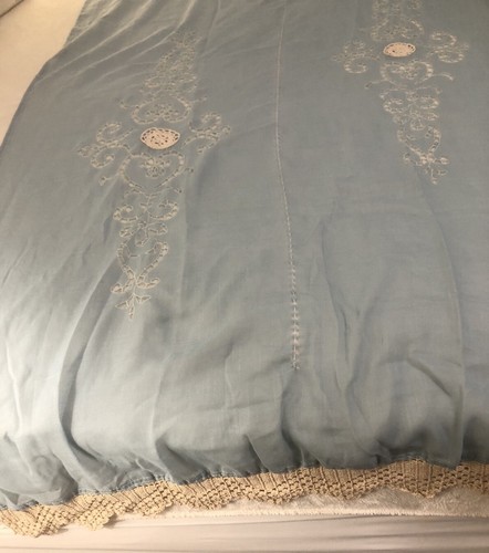 Curtain Panel Pair Slate Blue Floral Cutout Emblems Crochet 71" Boho Tab Top - Picture 13 of 23