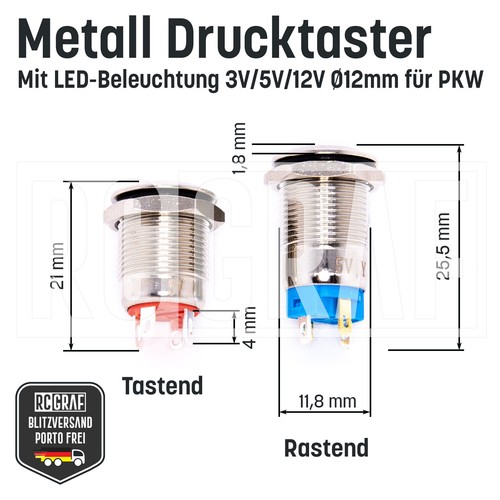 Metall Druckschalter Drucktaster KFZ LED beleuchtet 5-220V Ø 12 16 19 22 mm - Bild 2 von 59