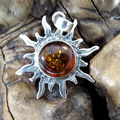 Massiver 925 Sterling Silber Baltischer Honig oder grüner Bernstein Sunburst Sonnenstrahlen Anhänger