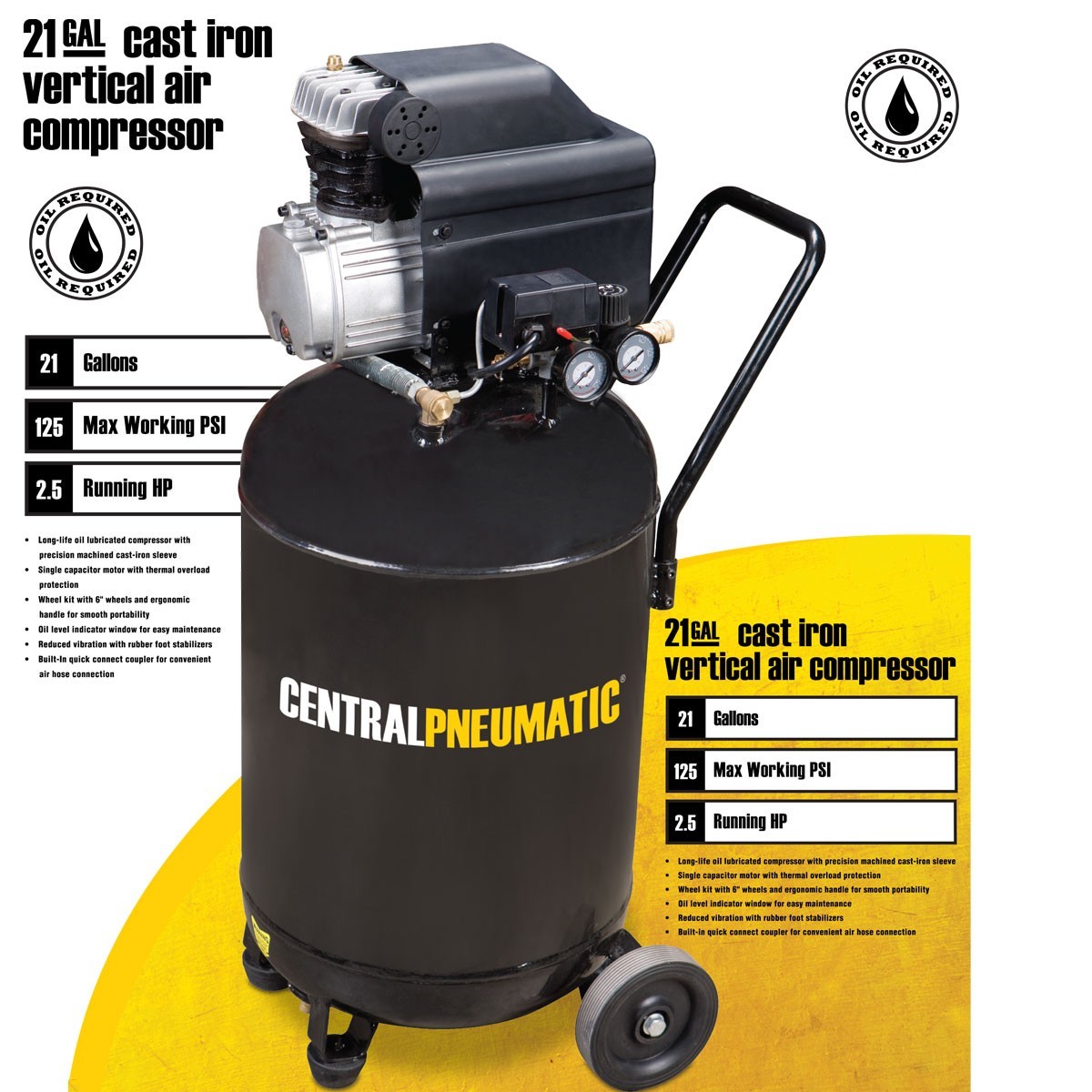 Central Pneumatic 2.5 HP 21 Gallon 125 PSI Cast Iron Air Compressor 61454 |  eBay