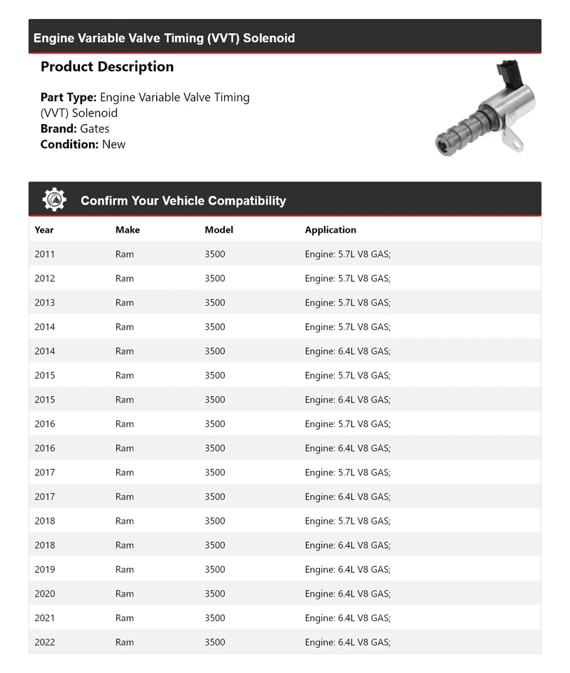 Puertas solenoide 2012 con distribución de válvula variable (VVT) para motor Ram 3500 2011-2022 Foto 2 de 4