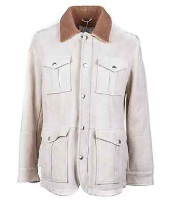 BRUNELLO CUCINELLI Ivory Lamb Shearling Fur Suede Parka Coat Jacket 50 EU Medium