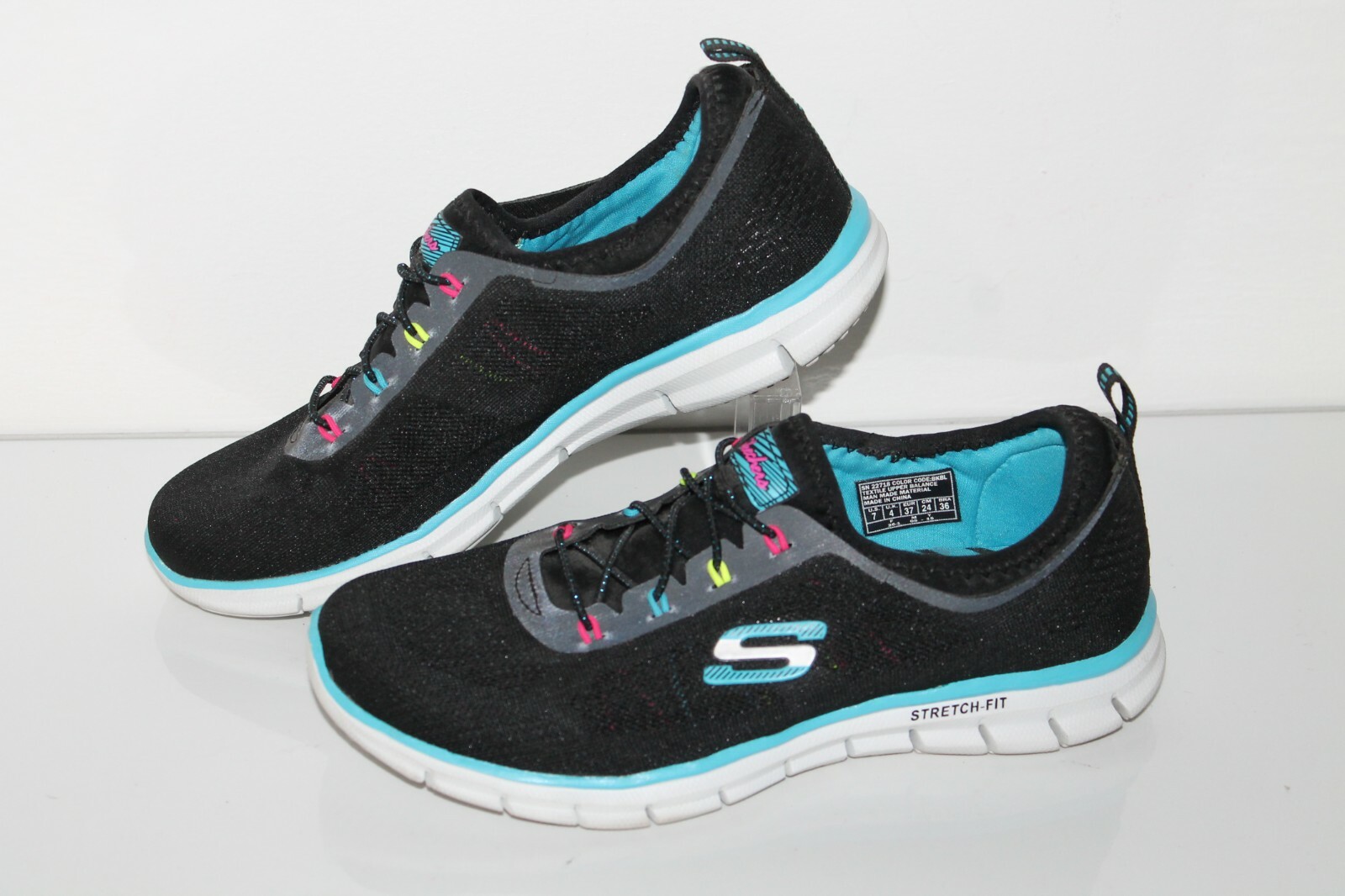 SKECHERS Stretch Fit Casual Shoes, #22718, Black/Blue/Multi, Womens US Size  7 | eBay