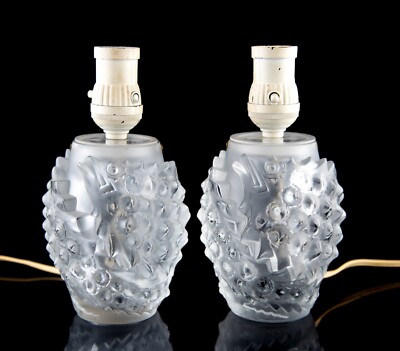 Lalique Deux Poissons Double Fish Frosted Crystal Lamps Vintage France Signed