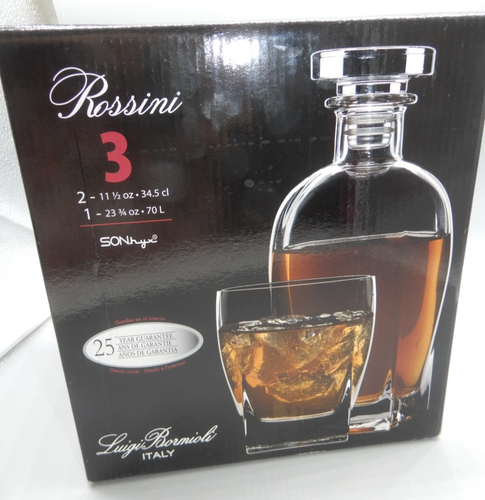 ROSSINI Crystal Decanter and 2 Glass SET Luigi Bormioli Italy 3 pc NEW in box