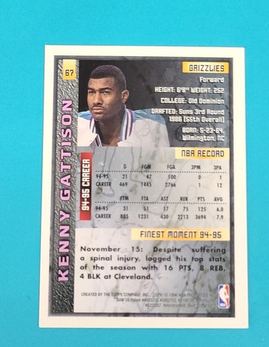 1995-96 Finest #67 Kenny Gattison Vancouver Grizzlies BASKETBALL Card 1B - Picture 2 of 2