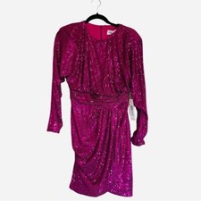NWT ELIZA J  Sequin Jewel-Neck Long-Sleeve Drape Dress 6 Magenta Pink