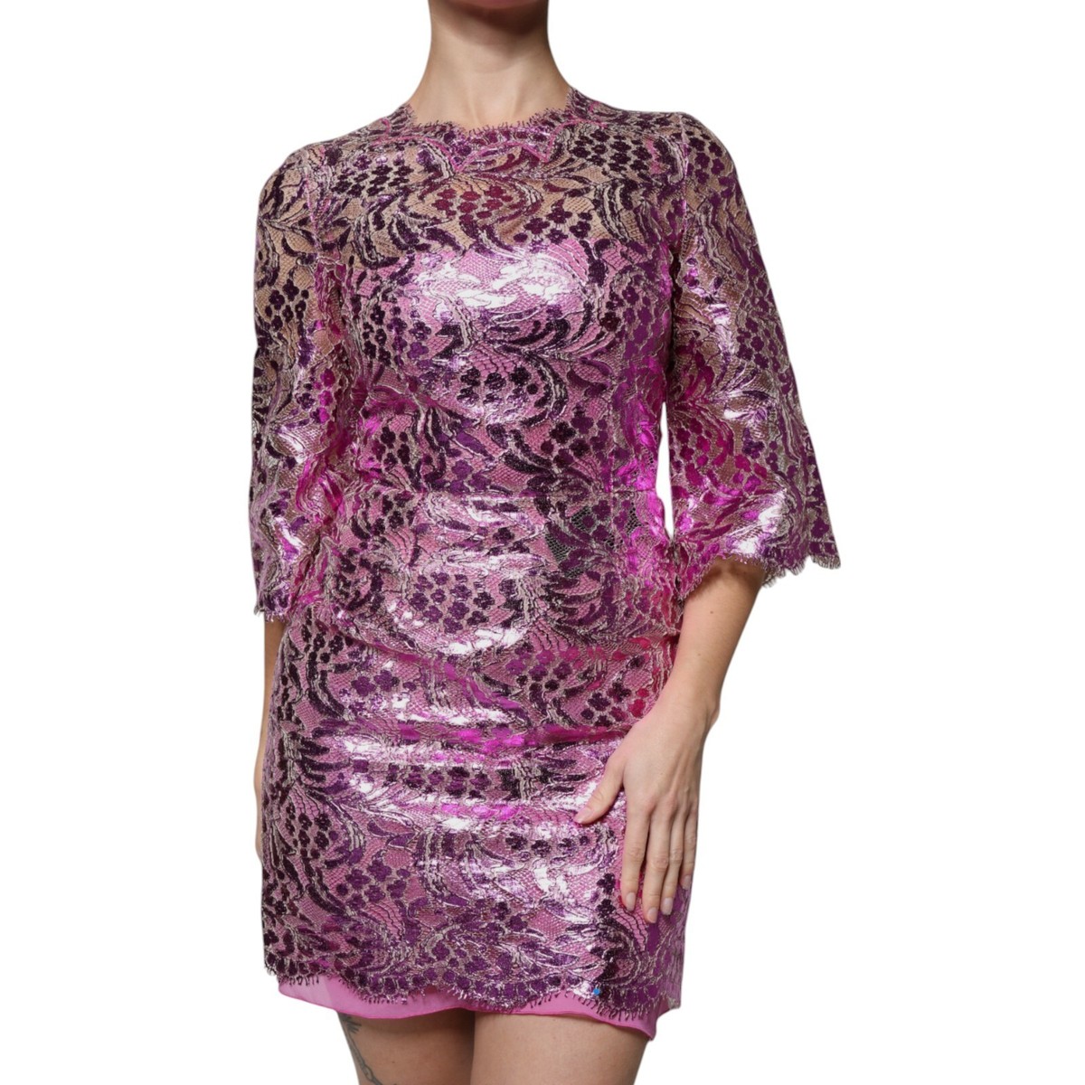 DOLCE & GABBANA Dress Metallic Fuchsia Floral Sheath Mini