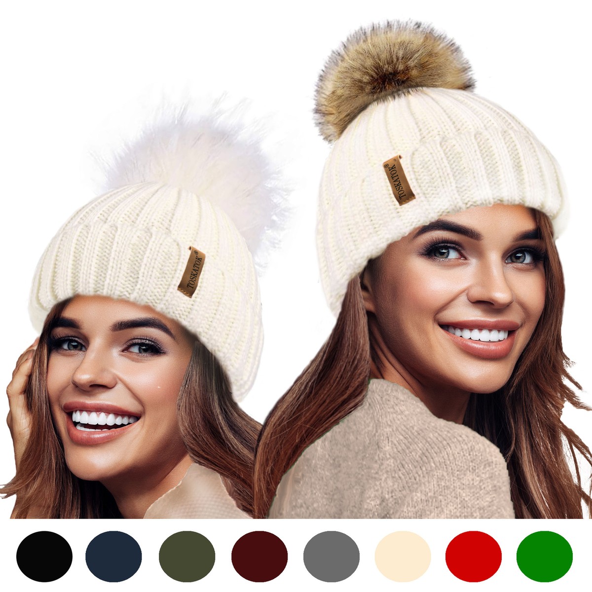 FUR POMPOM BEANIE HAT WARM WINTER KNIT INTERCHANGEABLE LARGE  display picture 3
