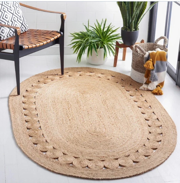 Tapis ovale en jute naturel tressé réversible tapis décoration de sol de ferme - Photo 1/4