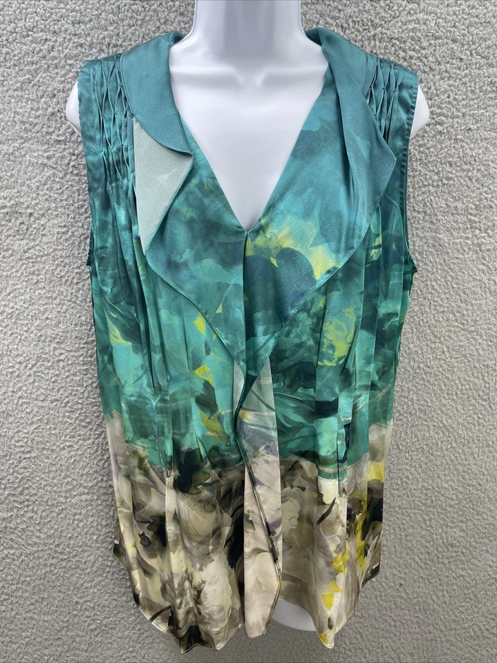 Blusa Blusa Mujer Elie Tahari Talla XL 100% Seda Acuarelas Verde Amarillo Foto 2 de 4