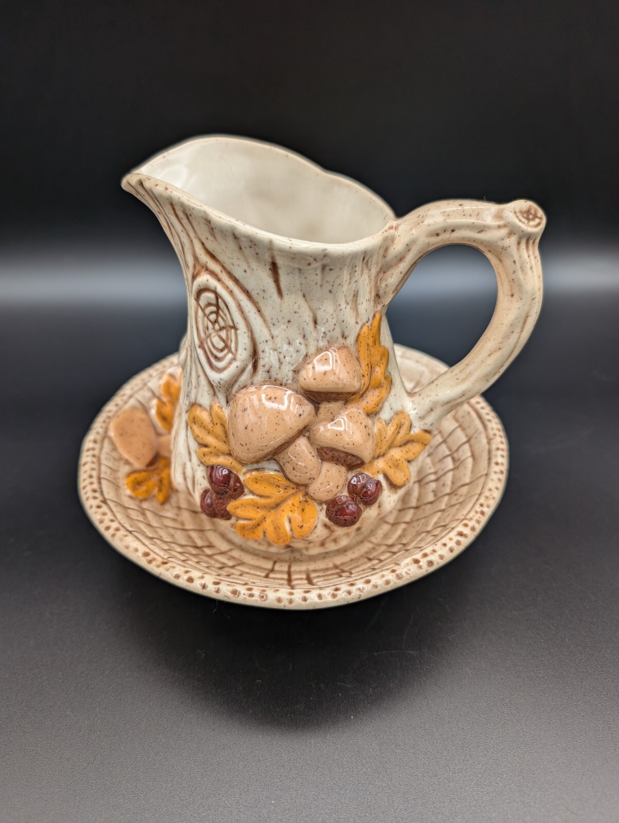 Vtg Byron Molds 3D Mushroom Wood Stump Pitcher Creamer Soup Bowl Fall Retro