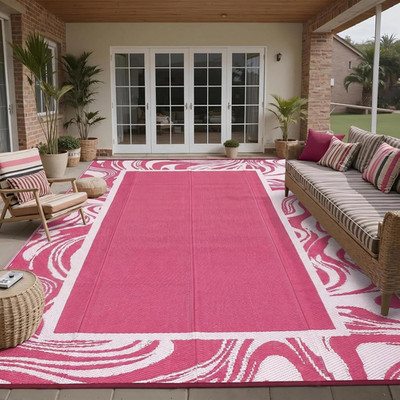 10X14 Extra Large Pink White Striped Outdoor Rug, Lightweight Waterproof Plastic