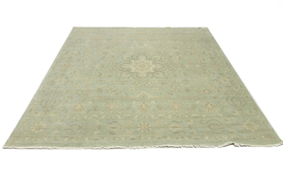 Handmade Floral Transitional Round Oriental Rug Muted Aqua Green Carpet 10X10 ft - Image 2 of 4
