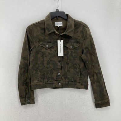 Vigoss Jacket Womens Medium Green Camo Denim Button Up Stretch Casual Military