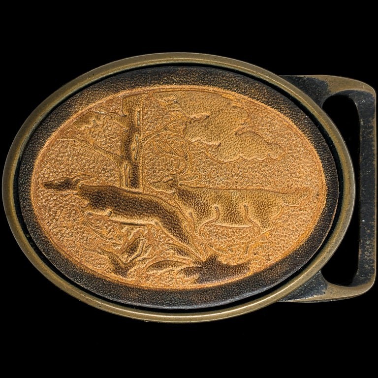 Tech Ether Colonial Leather Deer Hunter Hippie Art Brass 70s NOS Vtg Belt Buckle