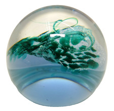 VINTAGE ART GLASS SWIRL GREEN BLUE CASED GLASS PAPER WEIGHT SIGNED CAS