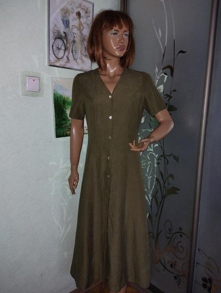 Women Laura Ashley Dress Khaki Silk Linen 38 / M /