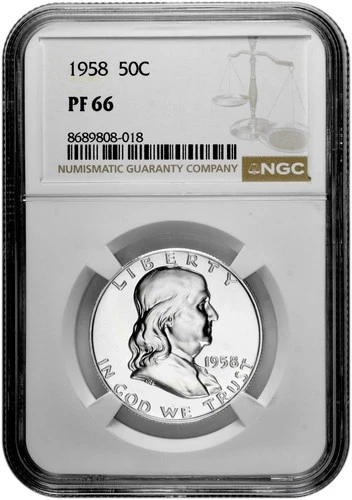 1958 50C Proof Silver Franklin Half Dollar NGC Graded PF 66 in New Holder